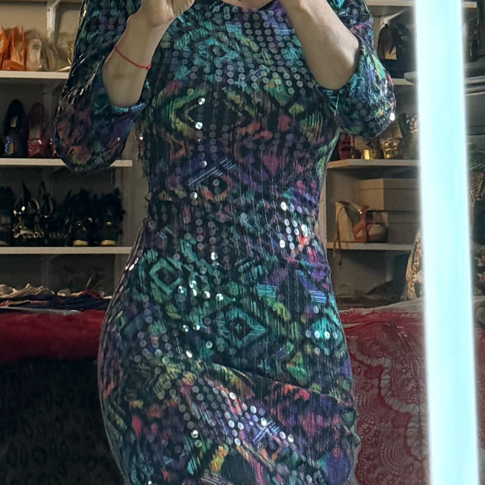 Elegant Multicolor Sequin Long Sleeve Dress